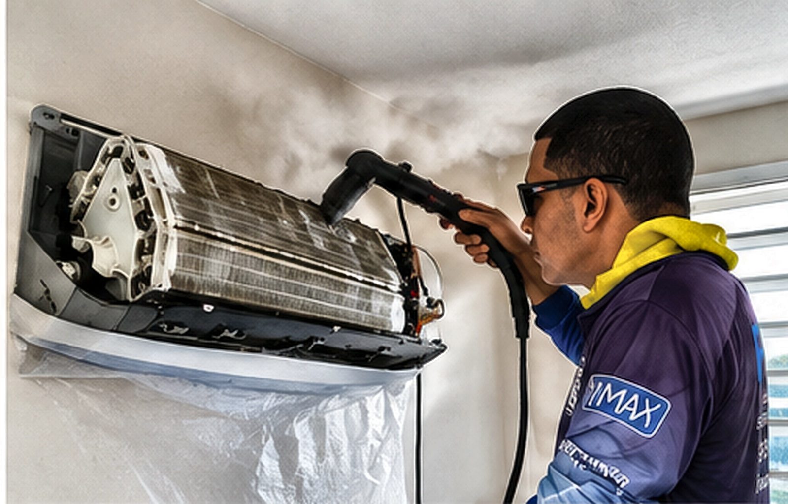Illustration: Pressure-washing a mini-split coil during a deep service