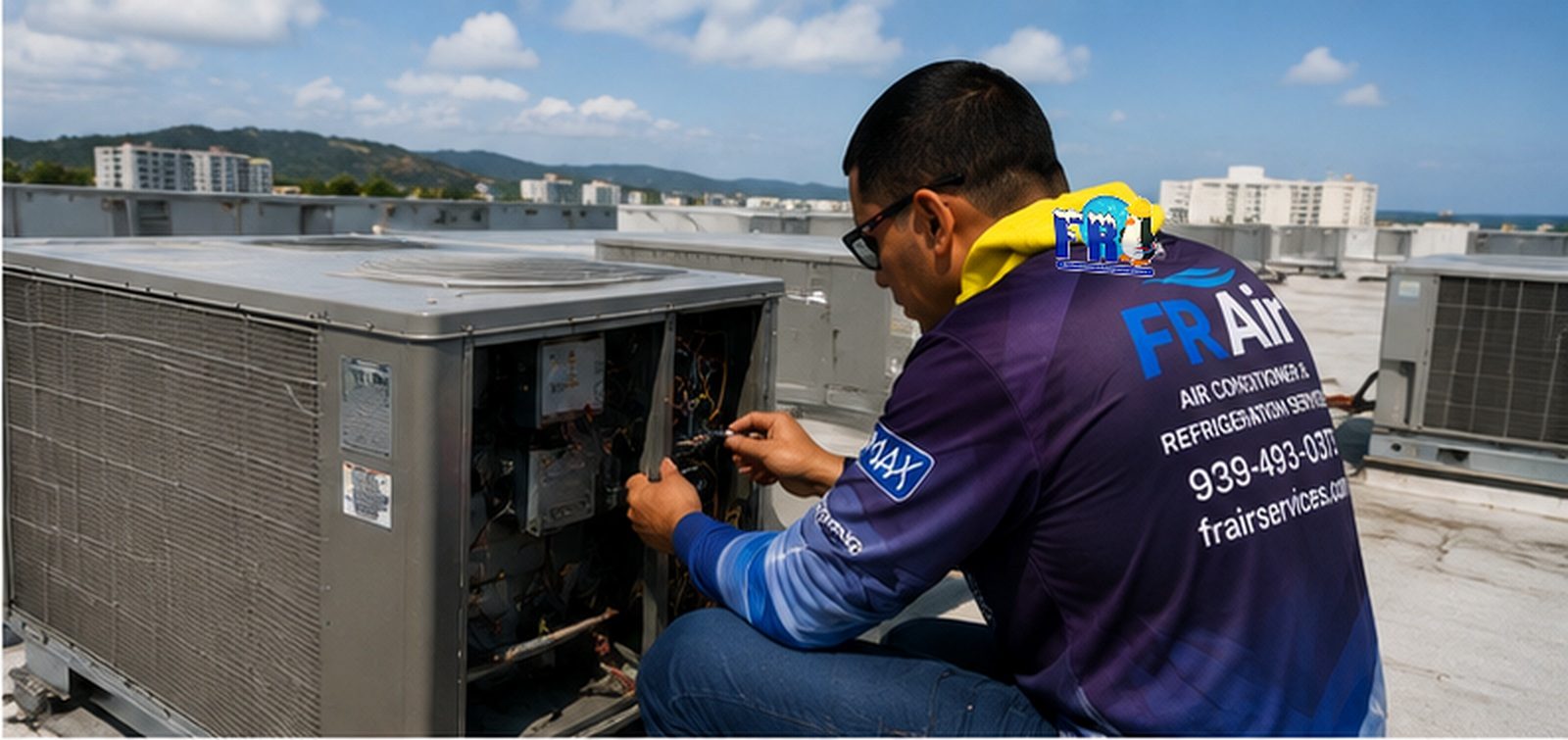 Illustration of a technician servicing a rooftop commercial unit