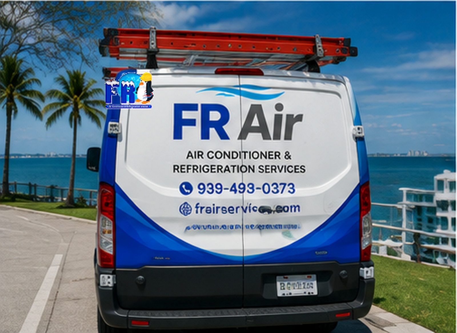 Illustration: The branded FR Air van parked by the coast